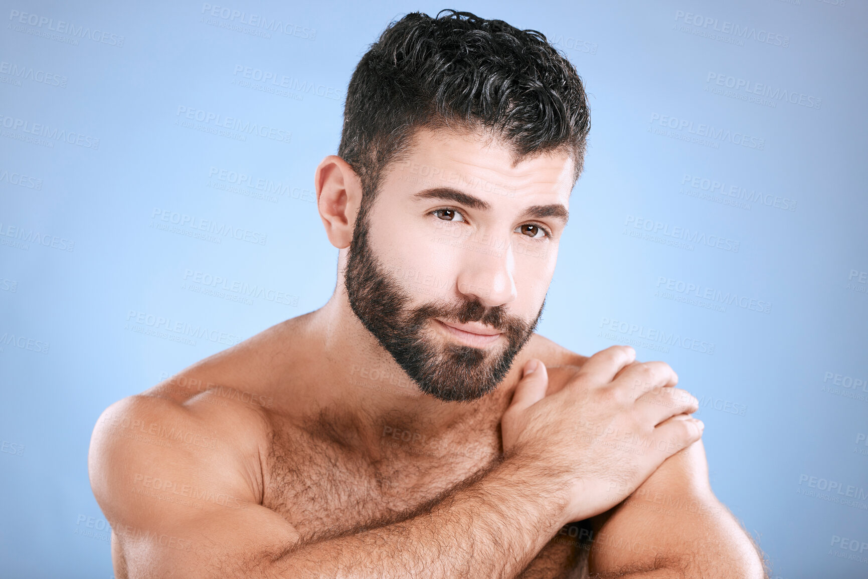 Buy stock photo Skincare, portrait and man relax in studio for grooming, hygiene and cosmetics on blue background. Face, beauty and guy skin model satisfied with luxury, pamper and treatment, body care and isolated