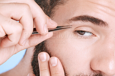 Buy stock photo Tweezers, beauty and hair removal with eyebrow of man for grooming, skincare and maintenance. Hygiene, cosmetics and self care with closeup of model shaping growth for treatment, clan and facial