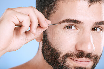 Buy stock photo Eyebrow, tweezers and hair removal with portrait of man for grooming, skincare and maintenance. Hygiene, cosmetics and self care with face of model shaping growth for treatment, facial and beauty