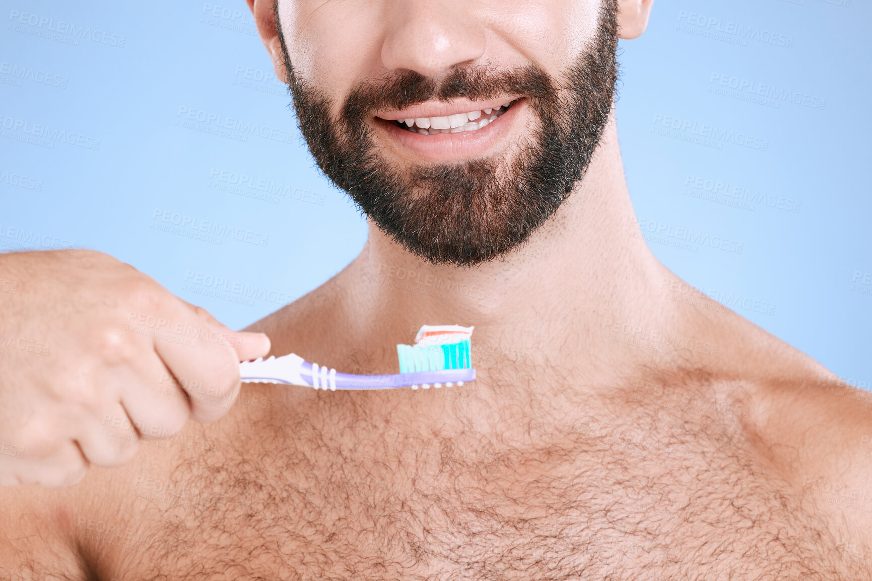 Buy stock photo Brushing teeth, studio face and man with toothbrush, dental wellness and healthy mouth care. Happy male model, oral cleaning and smile for fresh breath, facial happiness and toothpaste for cosmetics