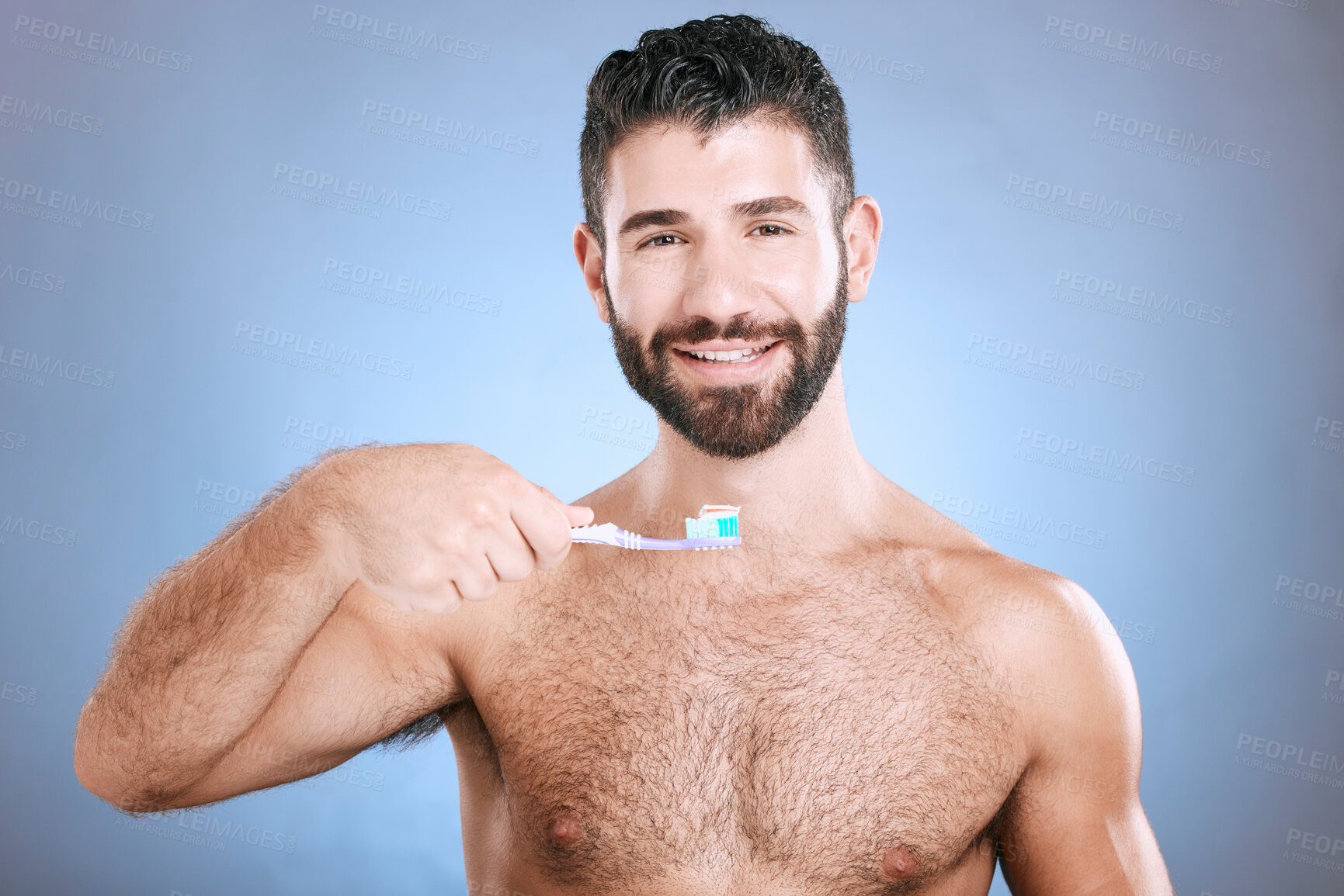Buy stock photo Teeth, toothbrush and portrait of man in studio for dental wellness, healthy smile and mouth care. Happy face, male model and oral cleaning for fresh breath, gums and dentistry on blue background 