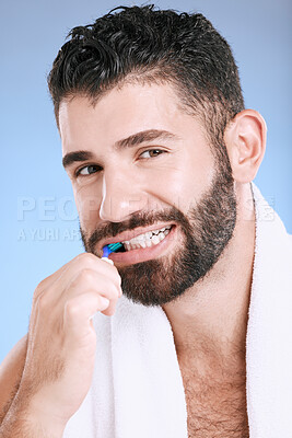 Buy stock photo Brushing teeth, man and studio portrait of toothbrush for dental wellness, healthy lifestyle or mouth care. Happy face, male model and oral cleaning of fresh breath, smile and happiness on background