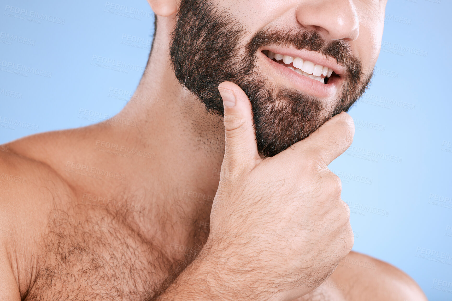 Buy stock photo Skincare, beard and man with smile closeup in studio for grooming, hygiene and face cosmetic on blue background. Facial hair, male and model relax in luxury, beauty and routine, treatment or isolated