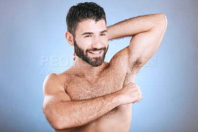 Buy stock photo Deodorant, beauty roll and man in studio grooming for hygiene, fresh scent and perfume. Male model, armpit and cosmetics for sweat control, body odor and cleaning product for skincare on background