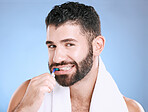 Studio portrait, man and toothbrush for teeth, dental wellness and healthy smile, mouth and cleaning. Happy male model, oral care and fresh breath for gums, dentistry and hygiene on blue background 