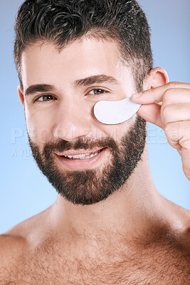 Buy stock photo Beauty patch, eyes and portrait of man in studio for dermatology, skincare and glow. Male model, face and eye care product for body mask, healthy cosmetics and wellness of facial collagen treatment 