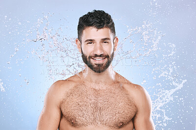 Buy stock photo Man, skin care and face portrait with water splash for clean facial beauty hygiene and dermatology. Happy model person on blue background for health and wellness cosmetics, body and detox cleaning