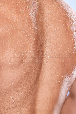 Buy stock photo Water drops, back closeup and man for shower, fitness and skincare hygiene for cosmetics, health and dermatology. Shoulder, body zoom and person with workout, exercise or sports muscle training sweat