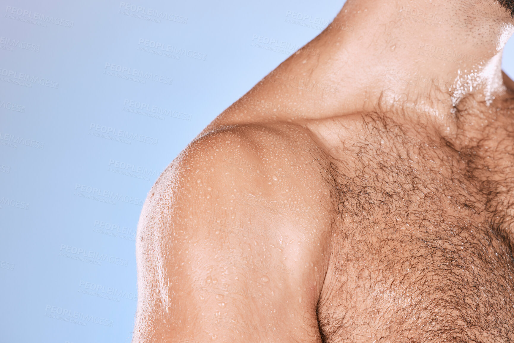 Buy stock photo Wet chest, water drops and body of man in shower for cleaning, care and wellness on mockup background. Beauty, human torso and hairy male in studio for washing, strong anatomy and healthy skincare 