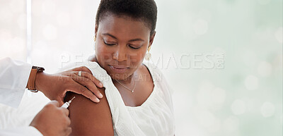 Buy stock photo Black woman, covid vaccine injection and mockup space in hospital with doctor, nurse and blurred background. African patient, medic and medical mock up for healthcare, wellness and public service