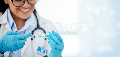 Buy stock photo Doctor, woman and mockup for needle for covid vaccine, space or hospital with hands, medic or blurred background. Young health expert, medical mock up and syringe for healthcare, wellness and service