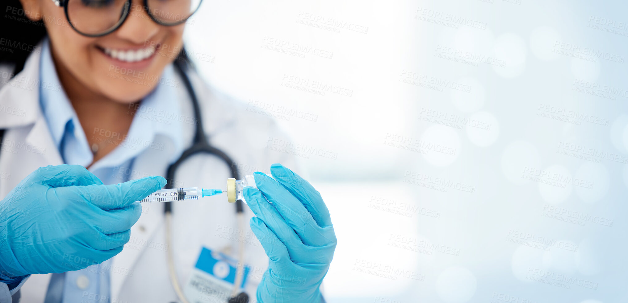 Buy stock photo Doctor, woman and mockup for needle for covid vaccine, space or hospital with hands, medic or blurred background. Young health expert, medical mock up and syringe for healthcare, wellness and service