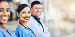 Doctor, team and portrait smile on mockup for healthcare, help advise or consultation at hospital. Happy medical professionals smiling in teamwork, collaboration or life insurance on bokeh background