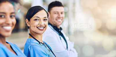 Buy stock photo Doctor, team and portrait smile on mockup for healthcare, help advise or consultation at hospital. Happy medical professionals smiling in teamwork, collaboration or life insurance on bokeh background