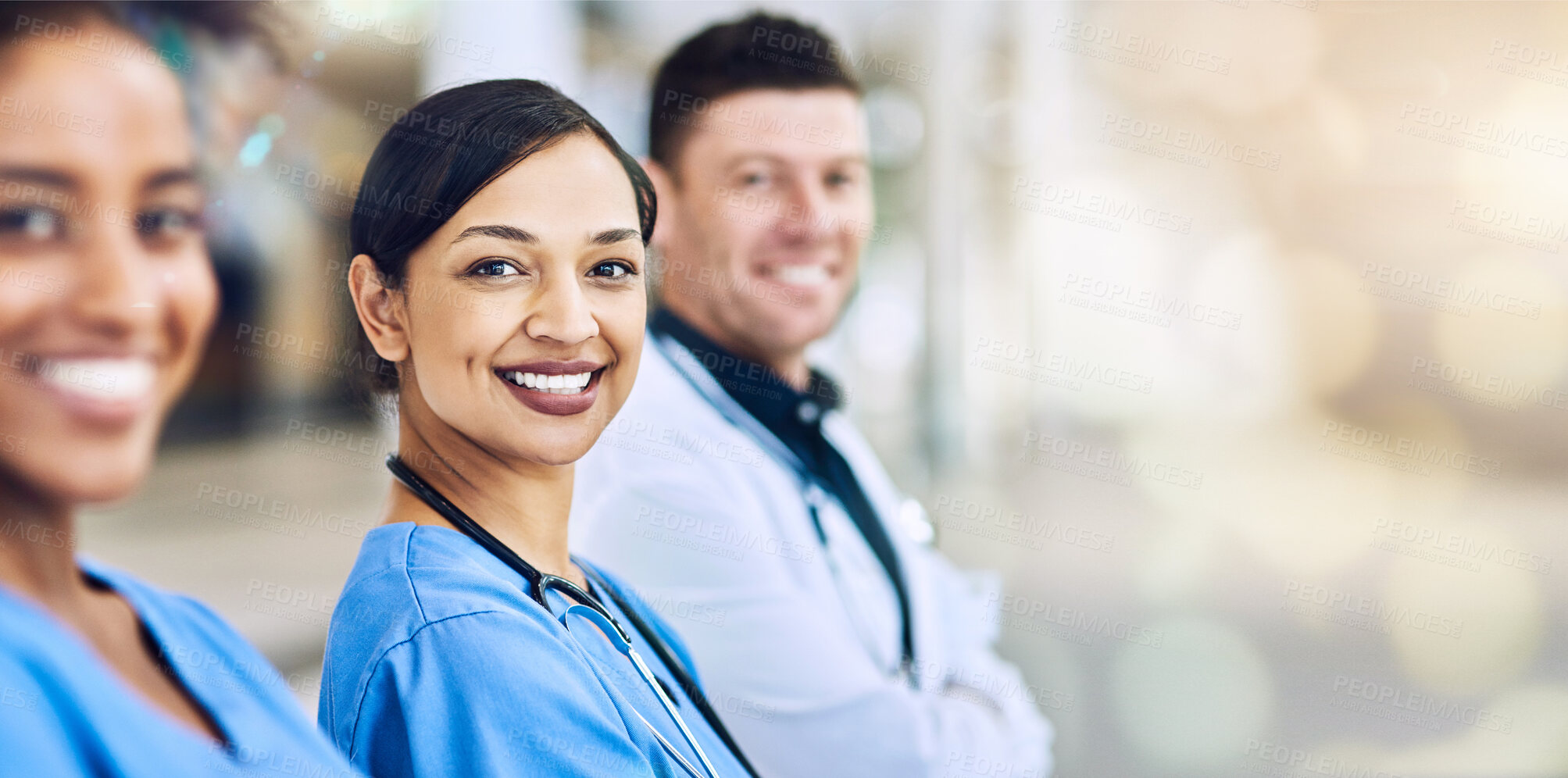 Buy stock photo Doctor, team and portrait smile on mockup for healthcare, help advise or consultation at hospital. Happy medical professionals smiling in teamwork, collaboration or life insurance on bokeh background