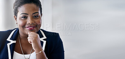 Buy stock photo Mockup, portrait and business with black woman, smile and confidence for startup, successful career and new project planning. Face, African American female ceo and manager with skills and leadership