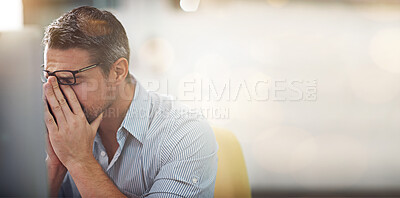 Buy stock photo Computer, stress burnout or business man with anxiety from bad investment, stock market crash or financial crisis mockup. Problem, headache or crypto trader with forex, bitcoin or NFT trading mistake