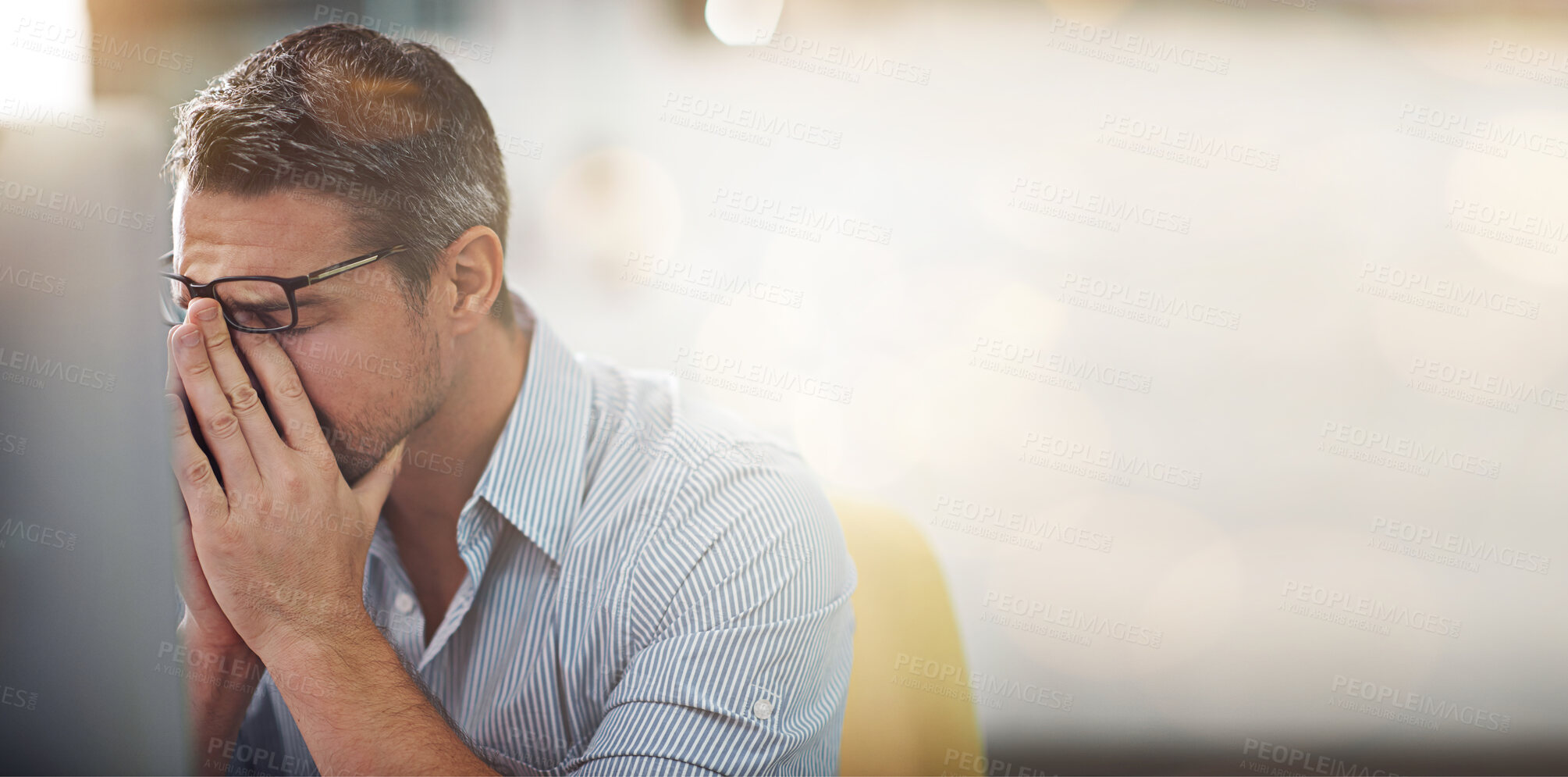 Buy stock photo Computer, stress burnout or business man with anxiety from bad investment, stock market crash or financial crisis mockup. Problem, headache or crypto trader with forex, bitcoin or NFT trading mistake