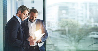 Buy stock photo Tablet, collaboration and mockup with a business man team in an office for strategy or planning meeting. Corporate, teamwork or management with a male employee and colleague at work as a partnership