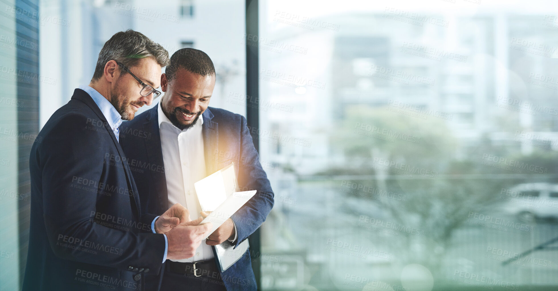 Buy stock photo Tablet, collaboration and mockup with a business man team in an office for strategy or planning meeting. Corporate, teamwork or management with a male employee and colleague at work as a partnership