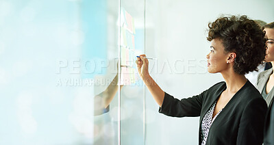 Buy stock photo Business woman, writing and team planning for schedule, strategy or brainstorming sticky notes on mockup. Female in write, post it or teamwork collaboration for corporate growth, idea plan or tasks