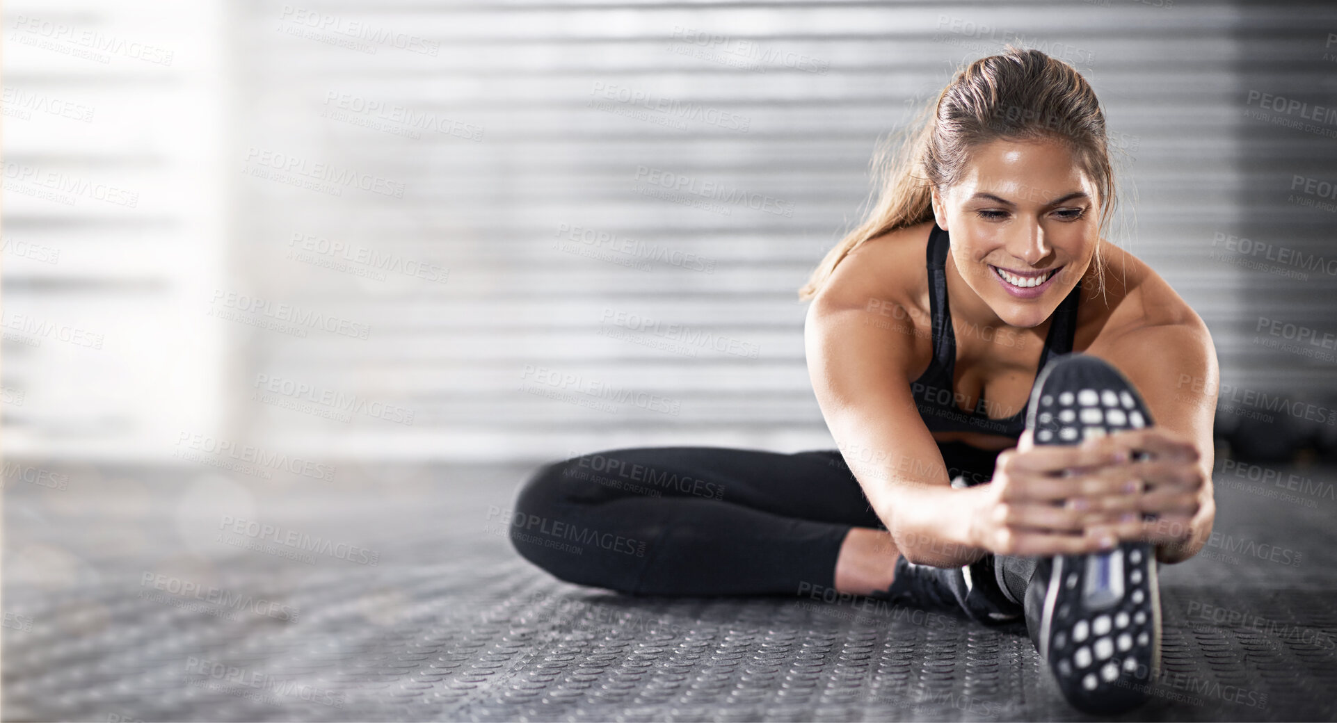 Buy stock photo Fitness, woman and stretching legs on mockup in preparation for workout, exercise or training on gym floor. Happy sporty female in warm up leg stretch getting ready for healthy exercising or wellness