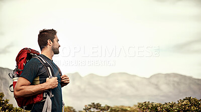 Buy stock photo Man, hiking and mountain with backpack for travel, adventure or trekking in nature on mockup. Male hiker standing and backpacking for hike journey, exercise or workout and traveling in the outdoors