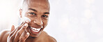 Black man, skincare portrait and cream by mockup space, smile or happy for cosmetic beauty by blurred background. African gen z model, skin health and natural glow with product placement mock up