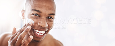 Buy stock photo Black man, skincare portrait and cream by mockup space, smile or happy for cosmetic beauty by blurred background. African gen z model, skin health and natural glow with product placement mock up