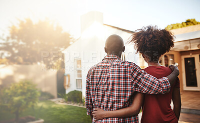 Buy stock photo Back view, black couple and hug outdoor at house, real estate and new loan for luxury home. Man, woman and people in front of property investment, moving and dream neighborhood for building mortgage