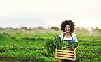 Agriculture, farm and portrait of black woman with vegetables, natural produce and organic food in field. Sustainability, agribusiness and farmer with box for eco farming, gardening and harvesting