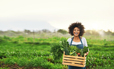 Buy stock photo Agriculture, farm and portrait of black woman with vegetables, natural produce and organic food in field. Sustainability, agribusiness and farmer with box for eco farming, gardening and harvesting