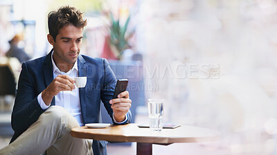 Buy stock photo Businessman, coffee shop and phone for networking with mockup space, reading and focus at table. Man, smartphone and espresso with communication, social media app and texting on web chat ux at cafe