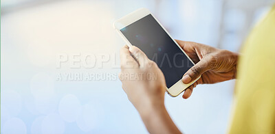 Buy stock photo Hands, phone and screen on mockup for advertising, marketing or mobile app in communication or networking. Hand of person holding smartphone technology with display for advertisement or branding logo