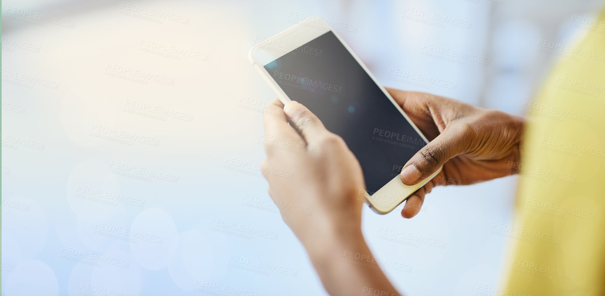 Buy stock photo Hands, phone and screen on mockup for advertising, marketing or mobile app in communication or networking. Hand of person holding smartphone technology with display for advertisement or branding logo