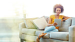 Black woman, tablet and sofa with mockup space with smile, blurred background and happy for meme on app. African gen z girl, home living room and mobile touchscreen in mock up for social network ux