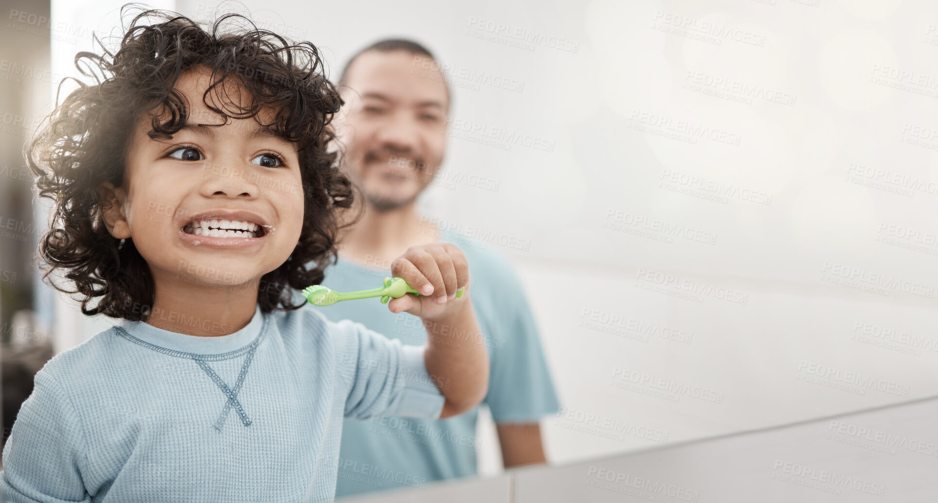 Buy stock photo Brushing teeth, kid and boy with dental hygiene with father as child development in the bathroom for health and care. Young, mockup and toddler cleaning his oral or mouth in the mirror with dad