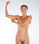 Health, muscle flex and portrait of black woman on white background with smile, body wellness and beauty. Fitness, exercise and girl excited for weight loss, healthy lifestyle and progress in studio