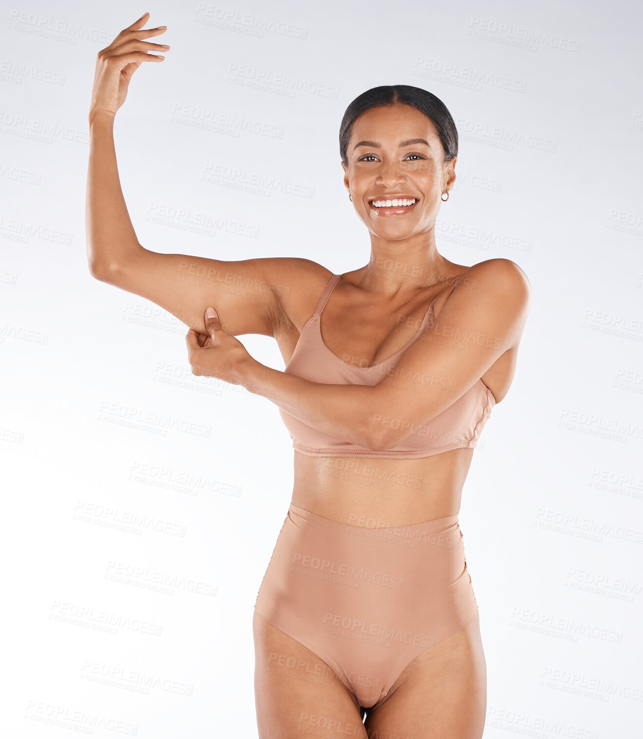 Buy stock photo Health, muscle flex and portrait of black woman on white background with smile, body wellness and beauty. Fitness, exercise and girl excited for weight loss, healthy lifestyle and progress in studio