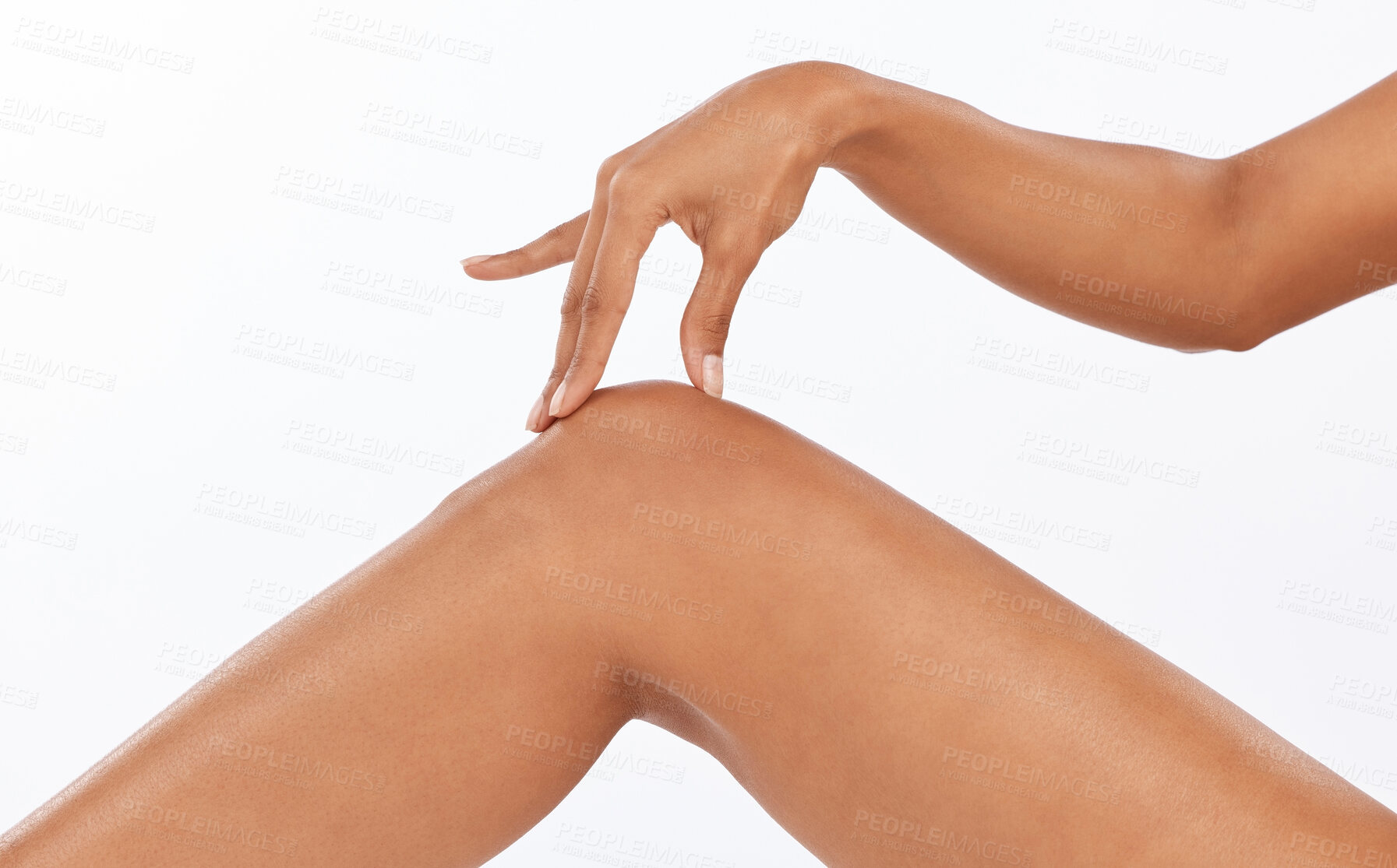 Buy stock photo Beauty, epilation and closeup of legs in studio with shaving, hair removal or depilation treatment. Body care, wellness and woman model with moisturizing, skin and health routine by white background.