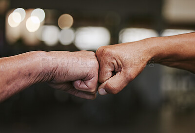 Buy stock photo Hands, fist bump and fitness motivation for sports, greeting or team building in gym for wellness. Athlete men, friends partnership and support, agreement and collaboration, success and teamwork.