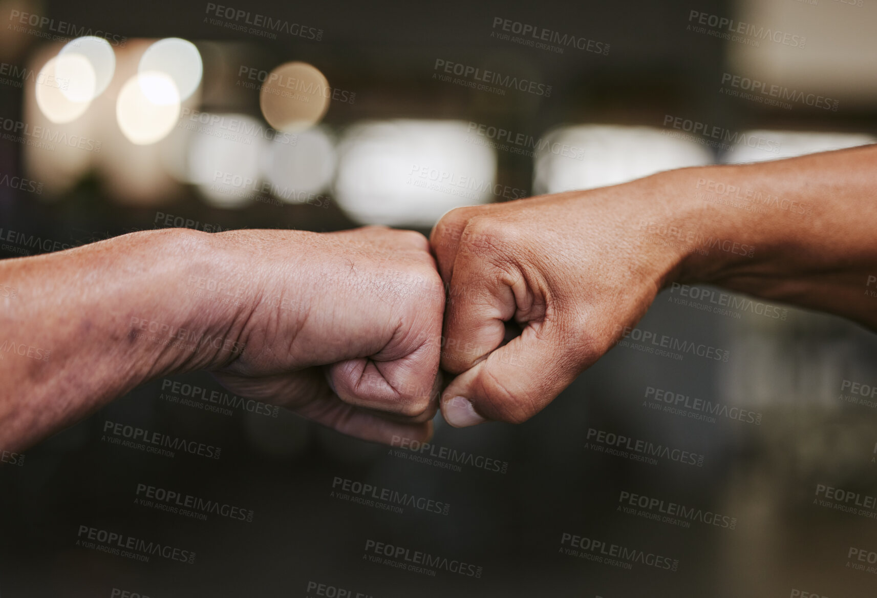 Buy stock photo Hands, fist bump and fitness motivation for sports, greeting or team building in gym for wellness. Athlete men, friends partnership and support, agreement and collaboration, success and teamwork.