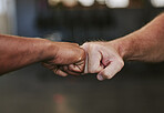Fist bump, hands and fitness motivation for sports, greeting or team building in gym for wellness. Athlete people, exercise partnership or support, agreement and collaboration, success or teamwork.