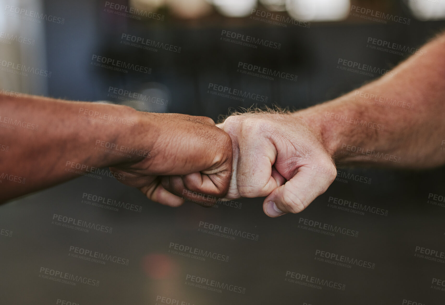 Buy stock photo Fist bump, hands and fitness motivation for sports, greeting or team building in gym for wellness. Athlete people, exercise partnership or support, agreement and collaboration, success or teamwork.