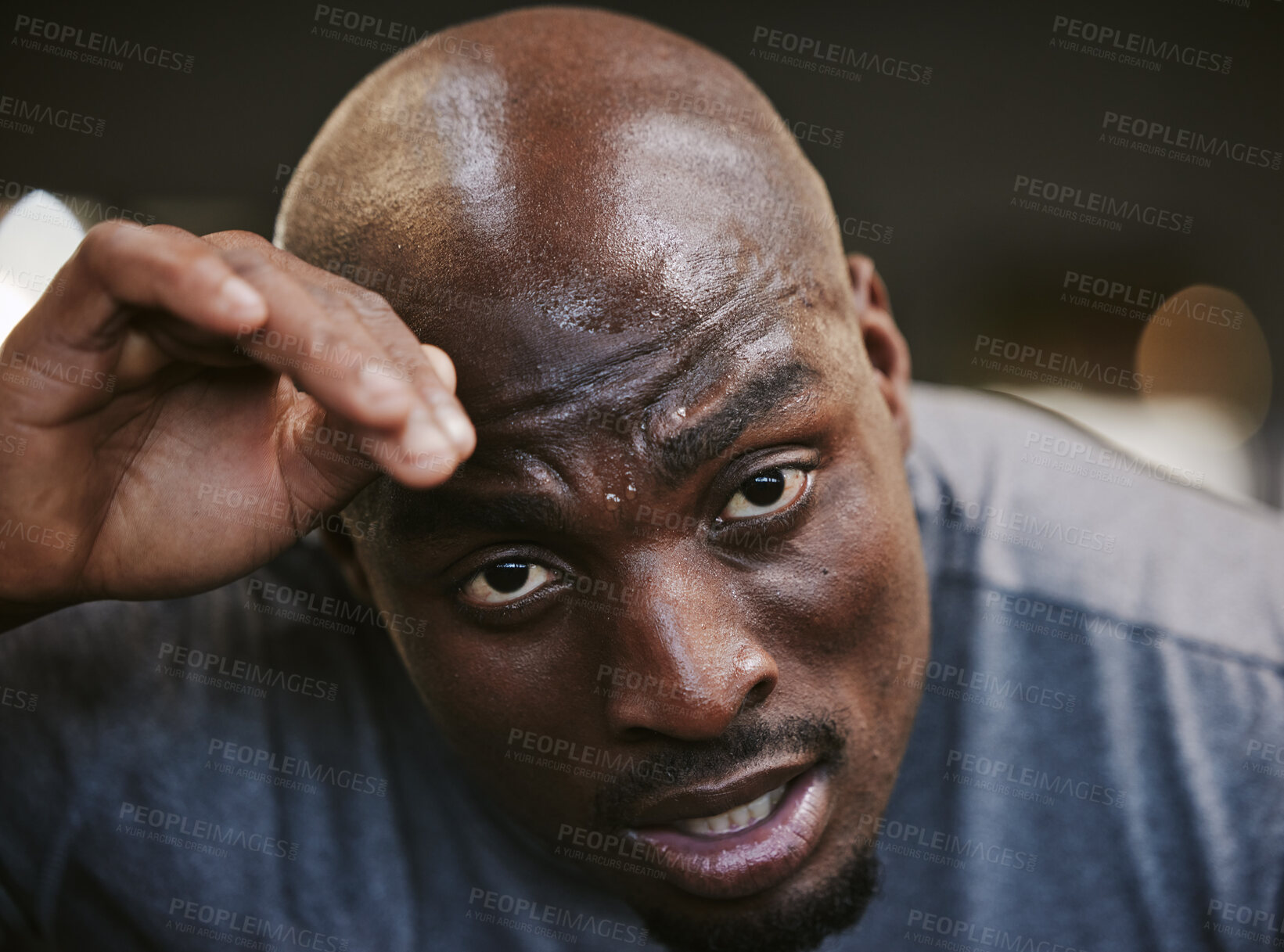 Buy stock photo Fitness, sweat and portrait of tired black man face in sports gym for exercise, workout and health goals. Motivation, sport and relax after intense training, healthy mindset, lifestyle and fatigue.