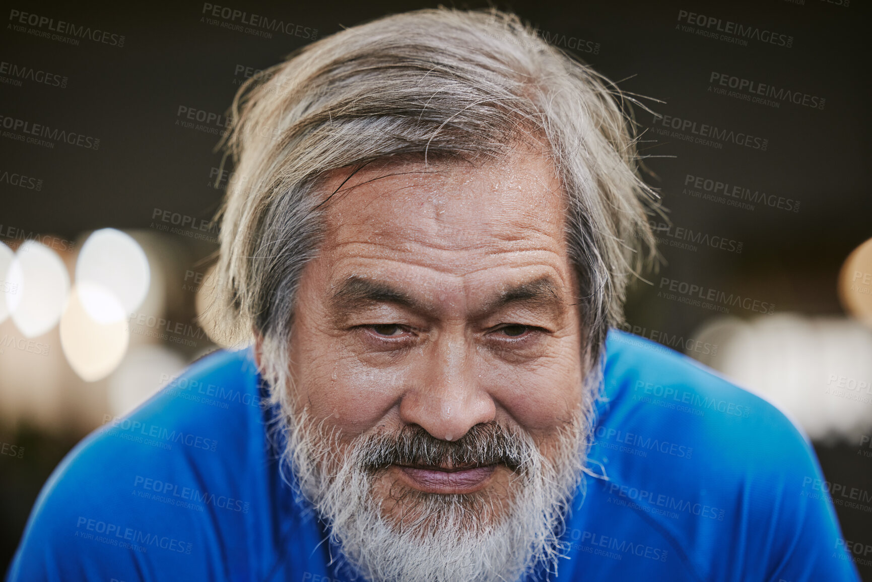 Buy stock photo Portrait, mockup and senior man at gym for fitness, exercise and training goal on bokeh background, Face, motivation and elderly asian male with strong mindset, gym membership for retired old people