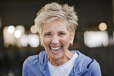 Buy stock photo Fitness, smile and portrait of old woman in gym for workout, health and exercise goals. Happy, training and wellness with face of senior lady laughing in sports studio for funny, retirement and joke