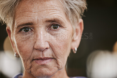 Buy stock photo Serious, tired and portrait of a senior woman at the gym for fitness, exercise and cardio training. Athlete, health and face of an elderly person at a club for a workout and sports in retirement