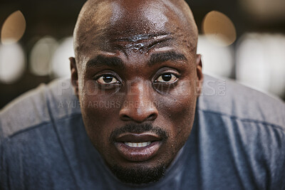 Buy stock photo Face, portrait and sweating black man tired after exercise, workout or training resting after exercising in gym. Sports break, wellness and male athlete from Nigeria with fatigue, exhausted and sweat