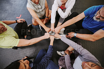 Buy stock photo Fist bump, fitness and people n gym training group, circle and community support teamwork for workout. Exercise  club, goals and lose weight challenge of friends with collaboration emoji hands above